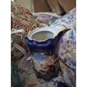 Vintage Rs Prussia Porcelain Cobalt Blue Pitcher And Ornate Gold On Handle And